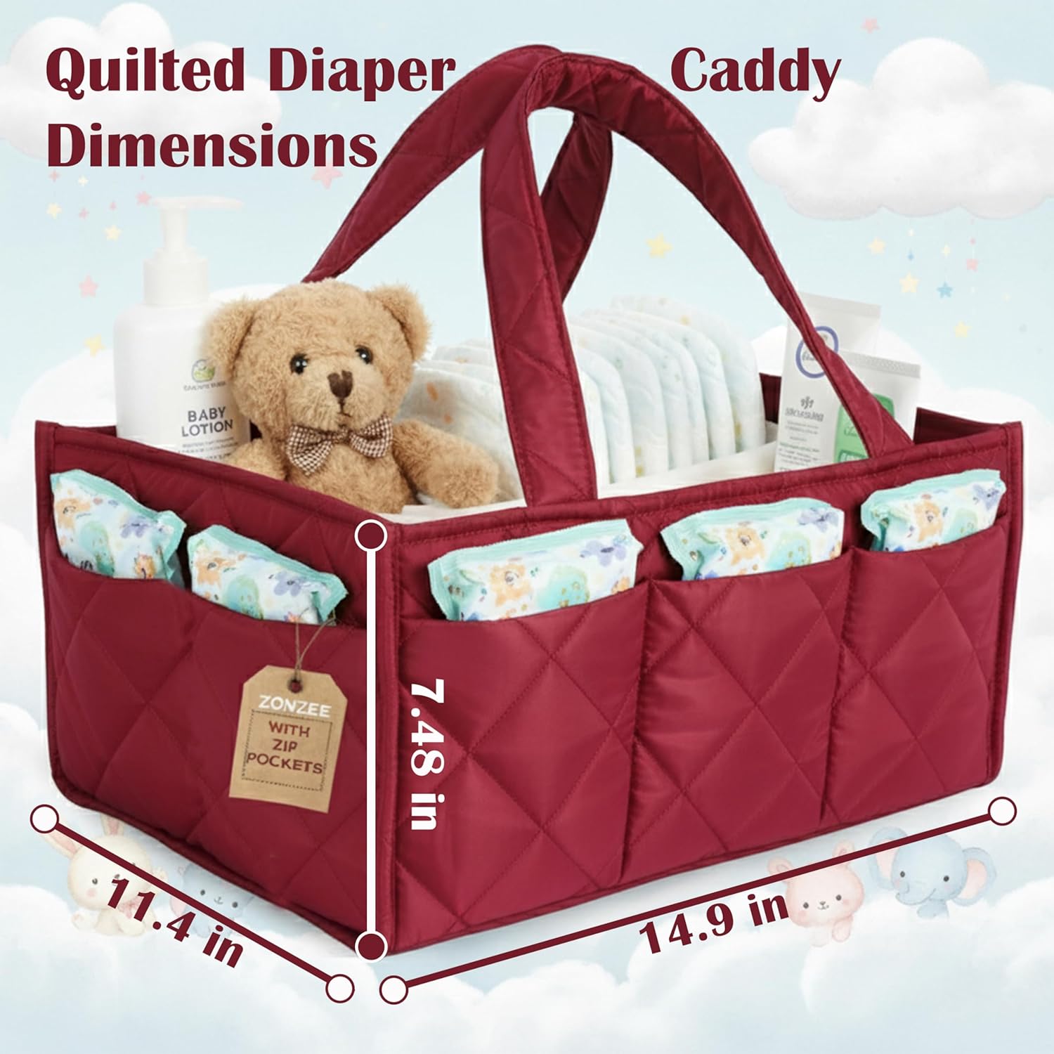 Baby Diaper Caddy Organizer, Nursery Storage Basket for Newborn Essentials, Travel Baby Basket for Diapers Baby Wipes, Organizer Tote Bag Storage Bin, Baby Shower Gifts (Maroon)