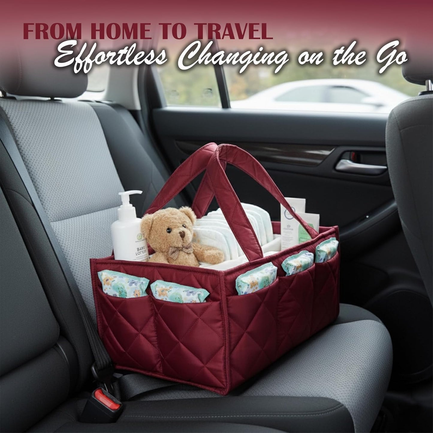 Baby Diaper Caddy Organizer, Nursery Storage Basket for Newborn Essentials, Travel Baby Basket for Diapers Baby Wipes, Organizer Tote Bag Storage Bin, Baby Shower Gifts (Maroon)
